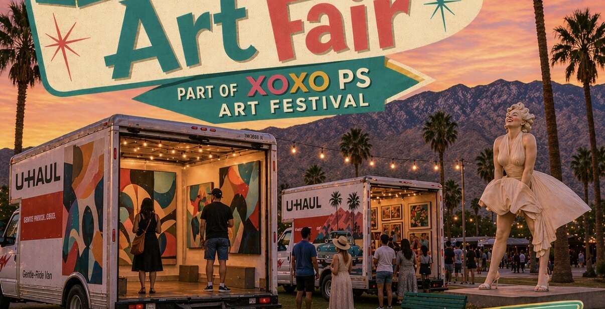 Colorful festival poster for Truck Stop Art Fair with oversized sign, tents, and palm trees at sunset; dates June 12–13 in Downtown Palm Springs, CA.