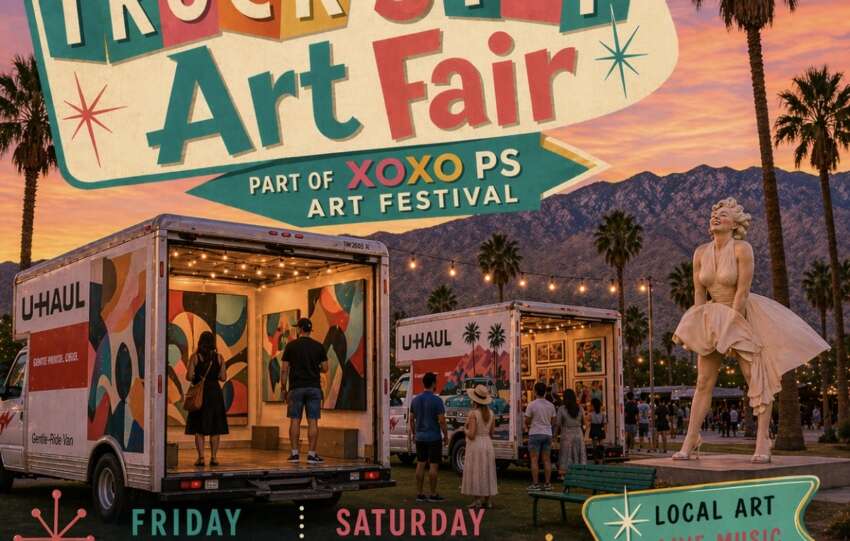 Colorful festival poster for Truck Stop Art Fair with oversized sign, tents, and palm trees at sunset; dates June 12–13 in Downtown Palm Springs, CA.